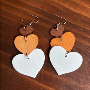 Triple Heart Wooden Earrings in Brown, Tan, and White